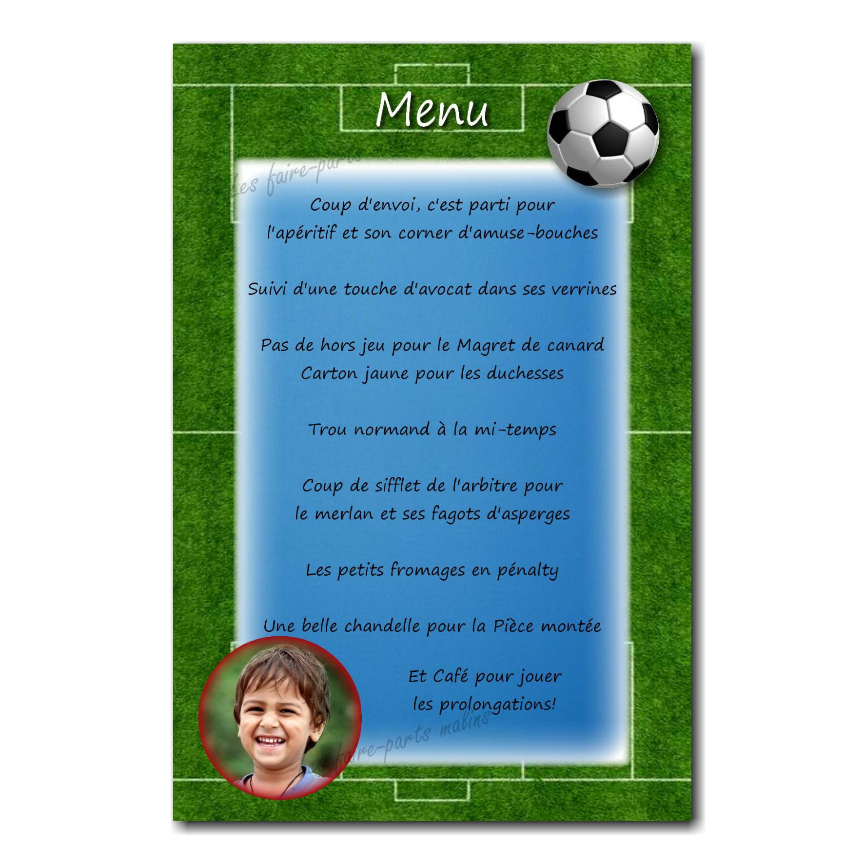 carte de menu avec photo et ballon de foot