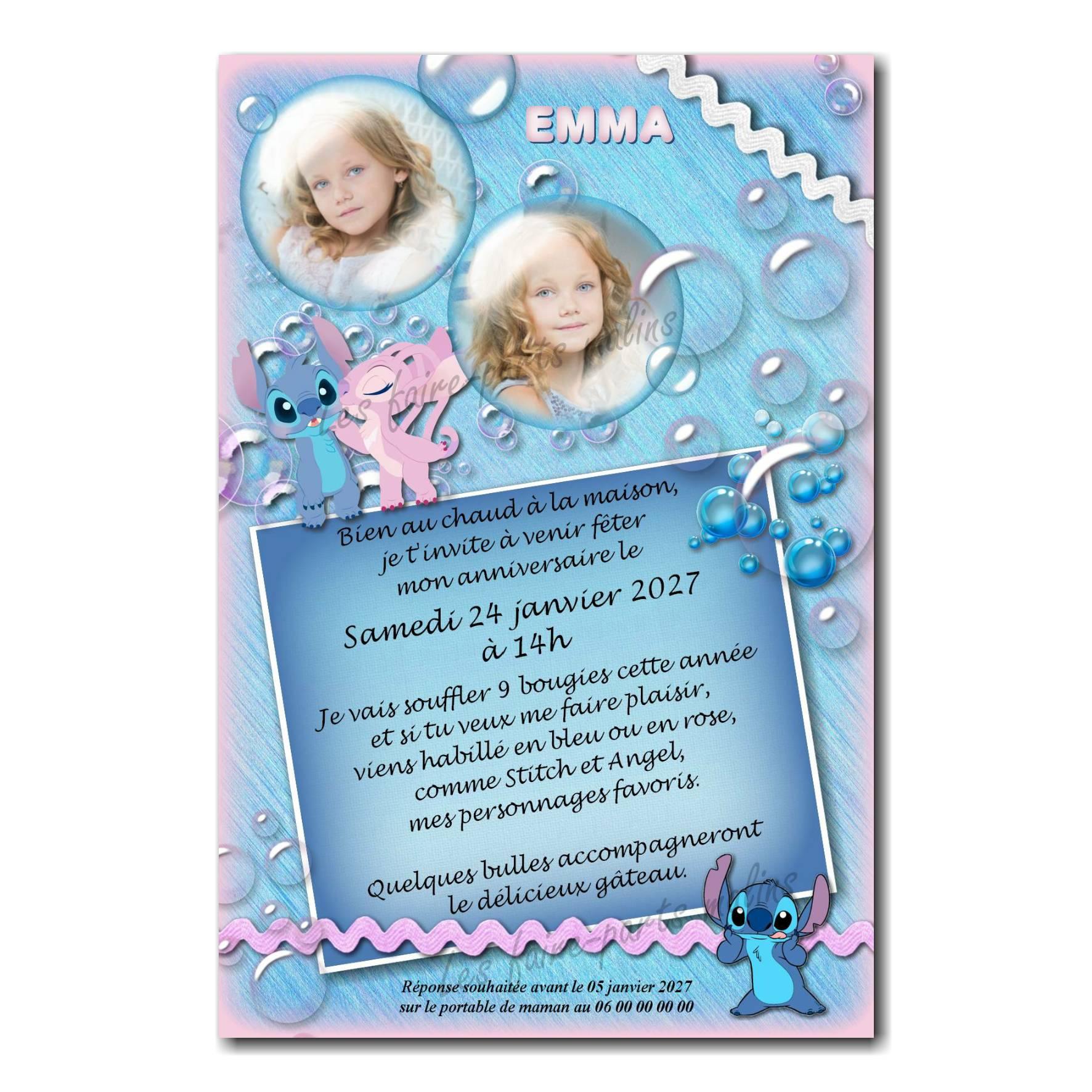 Faire part fille sur le thème Stitch et Angel