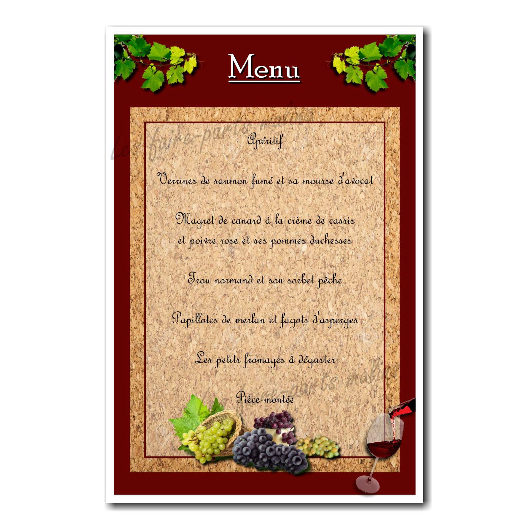 carte de menu feuilles de vignes vin et raisin en bordeau