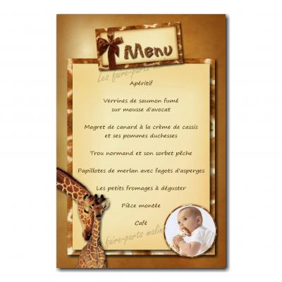 carte de menu avec girafe et fond jaune