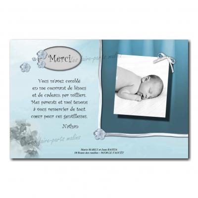 carte de remerciements bleu et blanc petite fleur et ruban