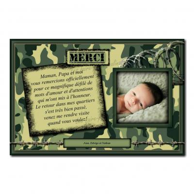 carte de remerciements militaire camouflé avec photo de l'enfant