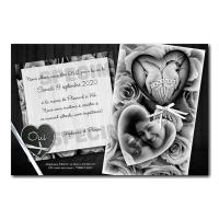 Faire part noir et blanc avec coeur et fond de roses noires