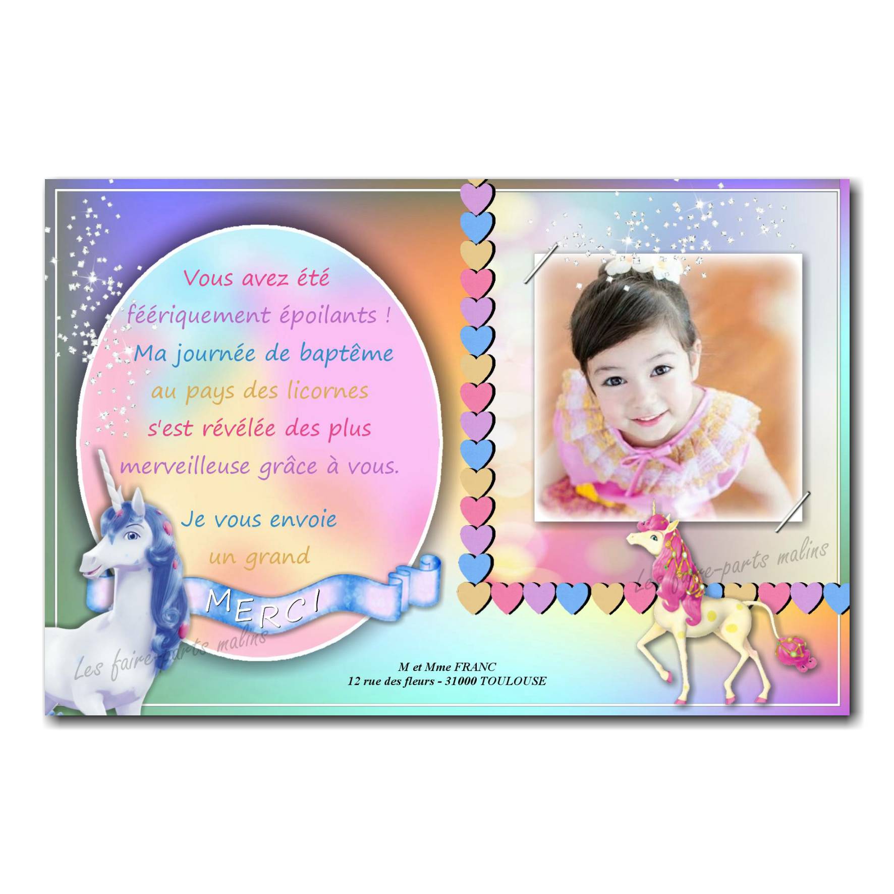 carte de remerciements licorne fille multicolore