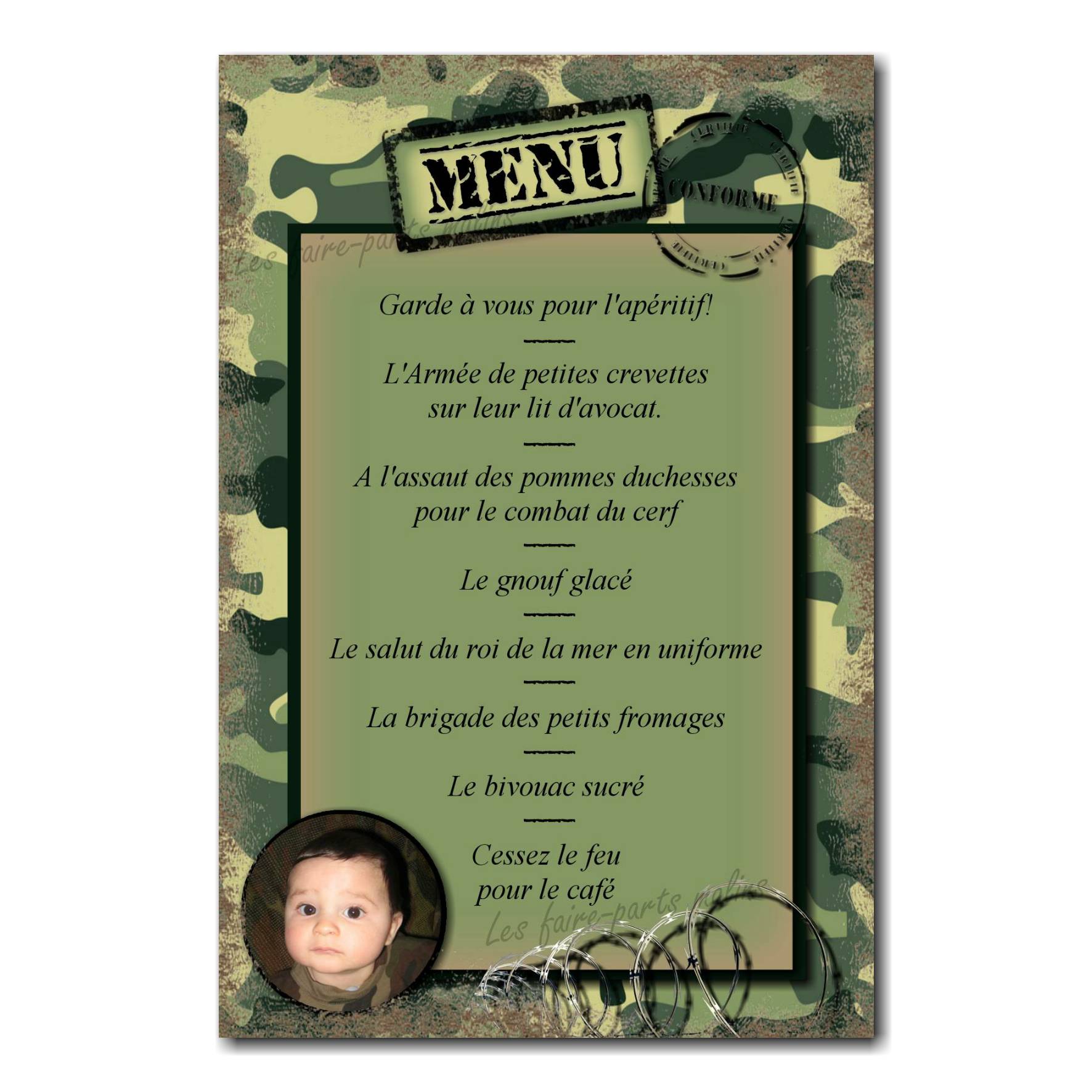 carte de menu militaire fond camouflé