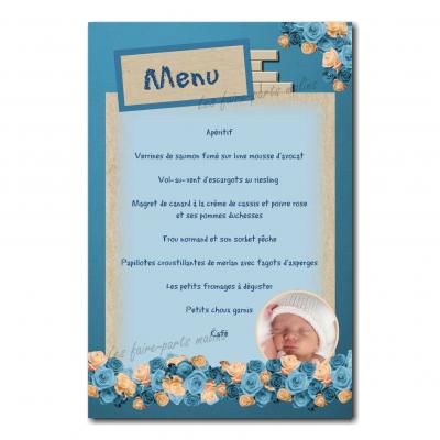 carte de menu avec photo bouquet de fleur bleu et beige