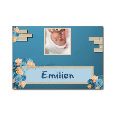 Marque-place avec photo et fleurs bleu et beige