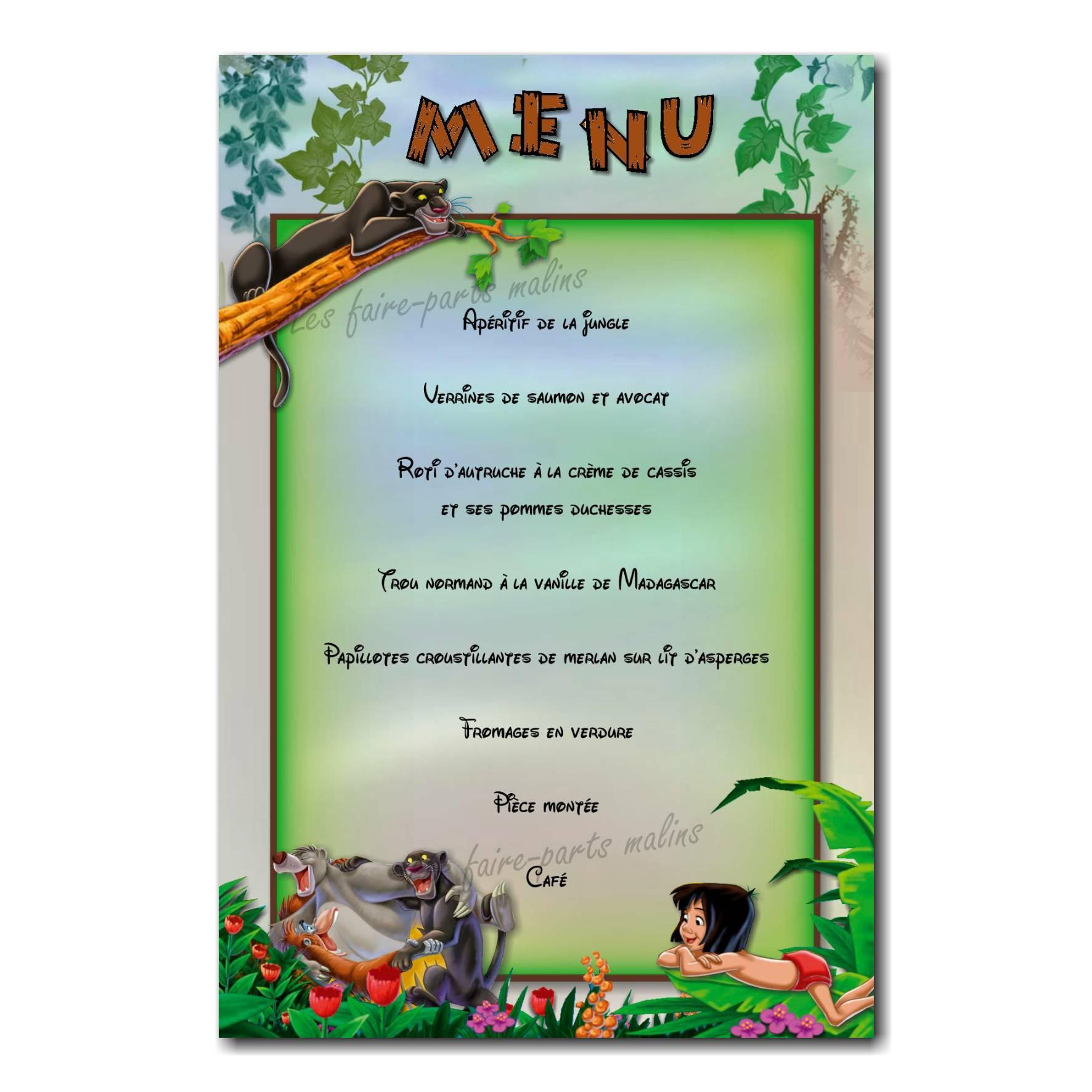 carte de menu livre de la jungle