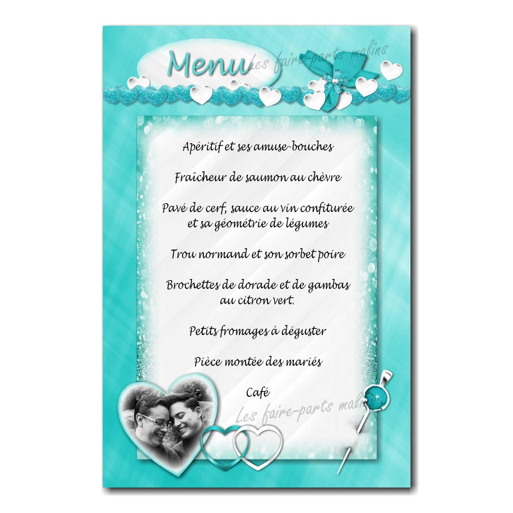 carte de menu turquoise et blanc guirlande de coeur élégant