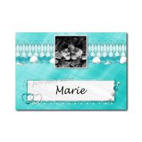marque-place avec photo bleuc et blanc avec petits coeurs