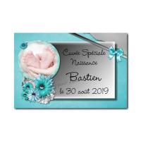 Etiquette bouteille bleu et gris fleur