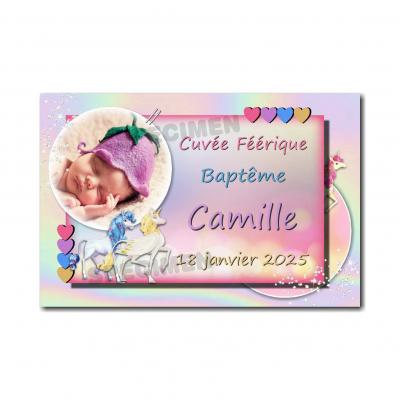 Etiquette bouteille licorne multicolore