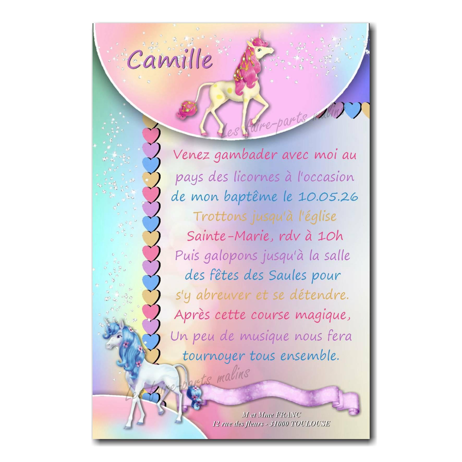 8 Invitations thème licorne et 8 enveloppes de couleur - Fête de filles