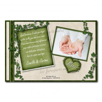 cartes de remerciements lierre vert sur fond blanc mariage