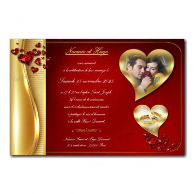 Faire part anniversaire de mariage noce d'or rouge et coeur