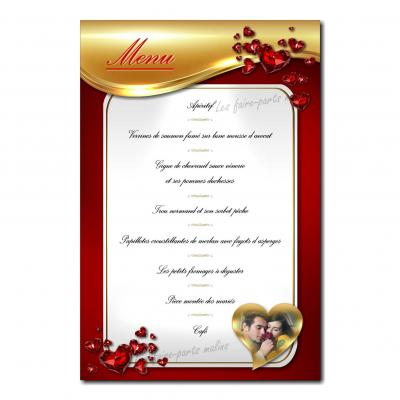 carte de menu rouge et or avec coeur doré