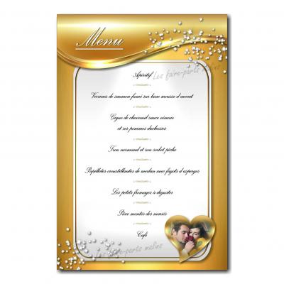 carte de menu blanc et or anniversaire de mariage