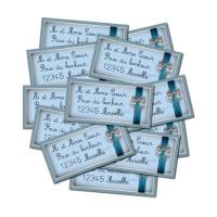 Etiquette dragées autocollante coeur et ruban bleu