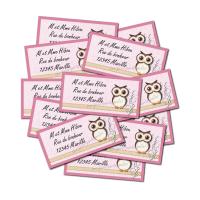 Etiquette dragées autocollante avec hibou sur fond rose