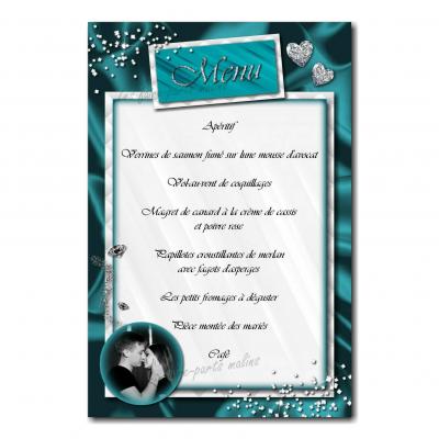 carte de menu turquoise et blanc rivière de diamants