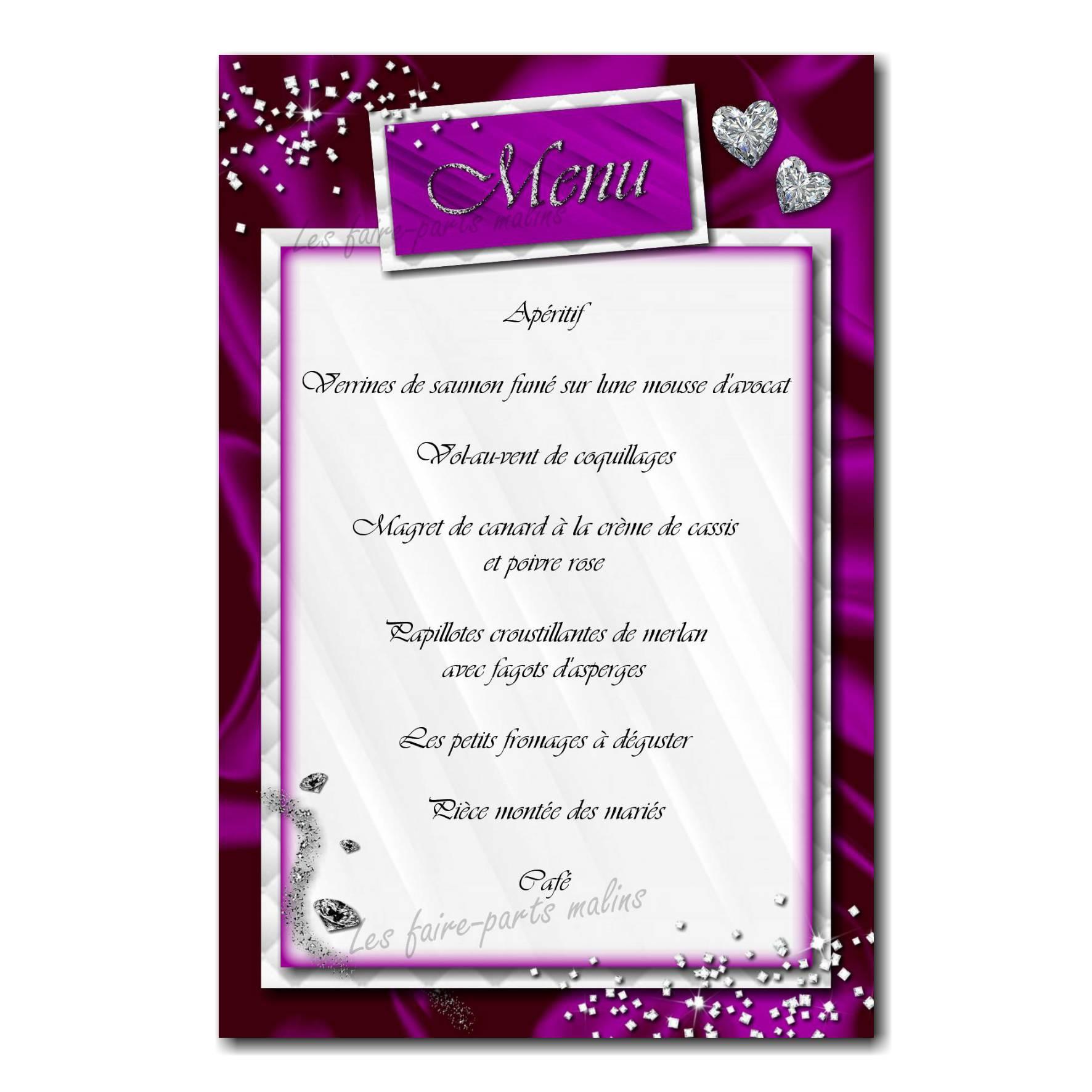 Carte de menu mariage violet sur le thème diamant