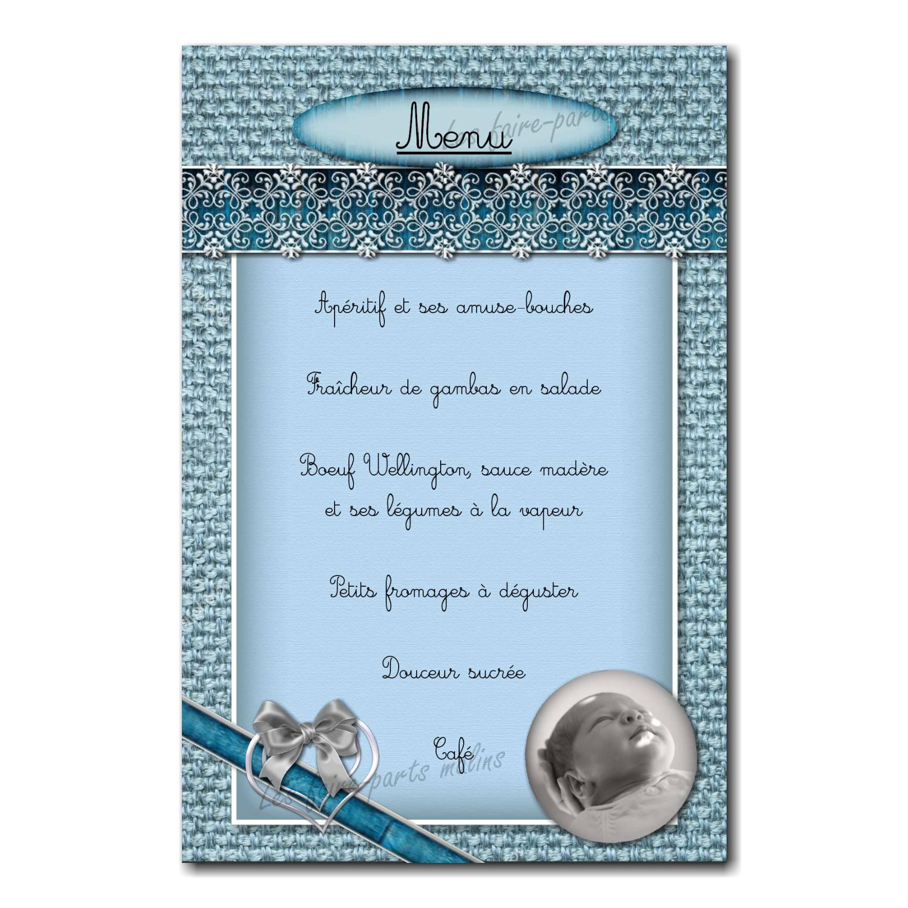 carte de menu avec photo bleu et gris ruban