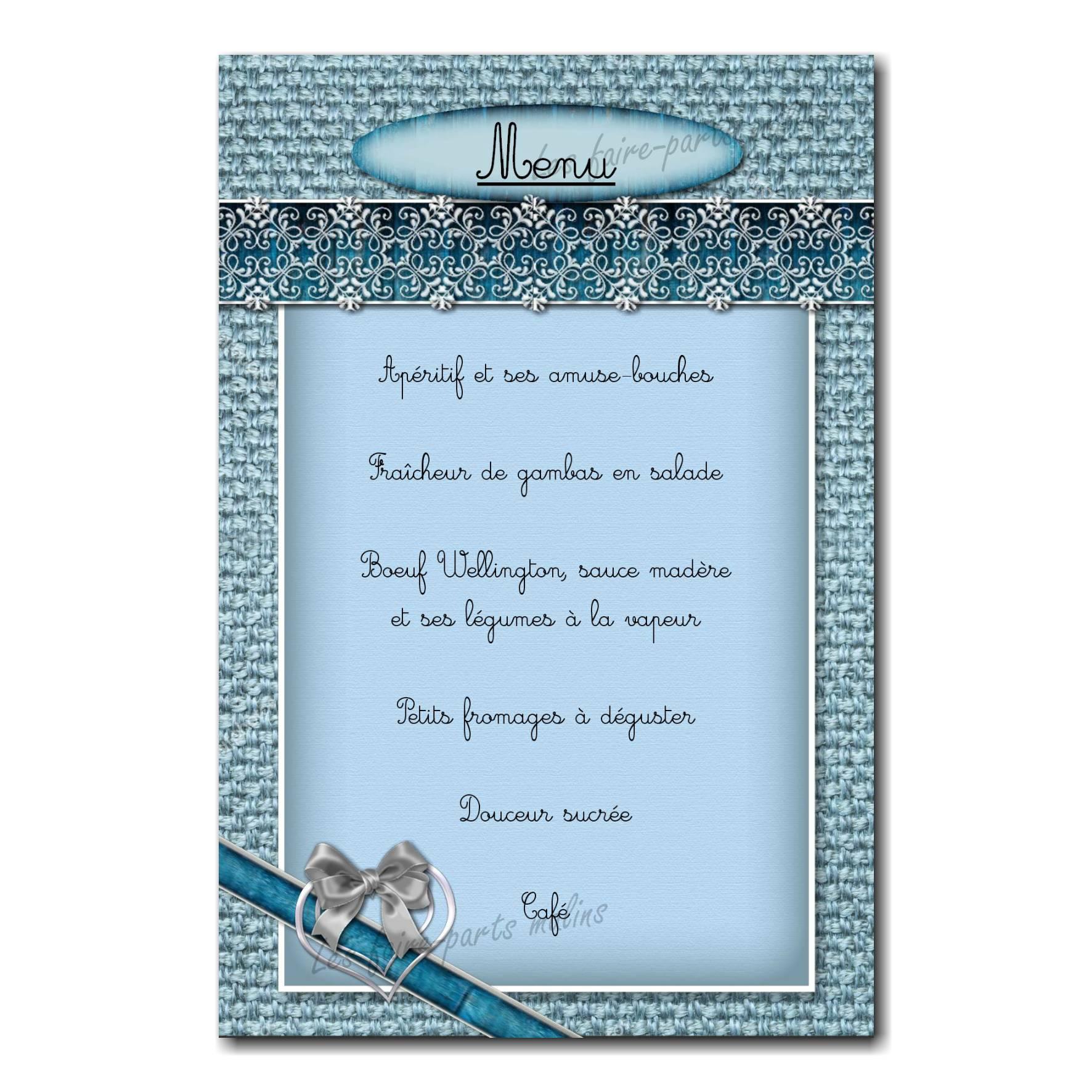 carte de menu coeur et ruban bleu
