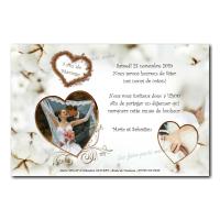 Faire part noce de coton coeur sur fond coton