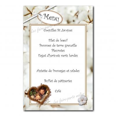 carte de menu 1 an de mariage coton blanc