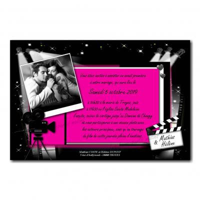 Faire part cinéma en fushia et noir clap de moteur