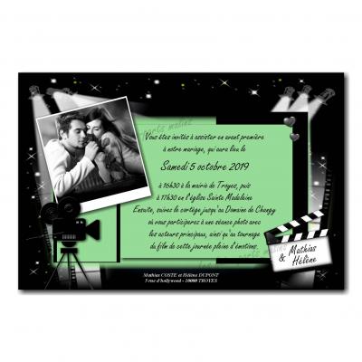 Faire part cinéma en noir et vert avec clap de moteur et projecteur