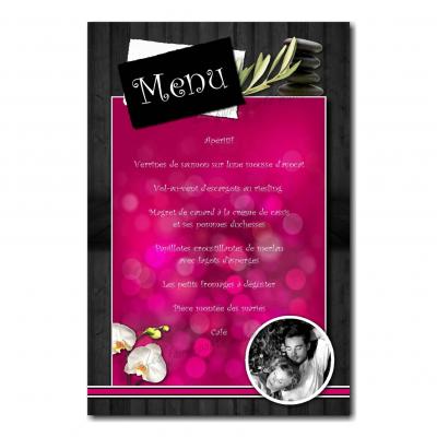 carte de menu fuchsia et noir mariage zen