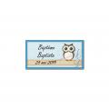 Etiquette dragees hibou gros yeux sur fond bleu clair