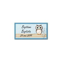 Etiquette dragees hibou gros yeux sur fond bleu clair