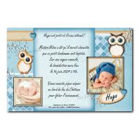 invitation baptême hibou bleu