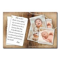 faire-part avec fond bois et photo accrochée