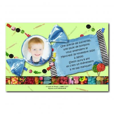 faire part papier de bonbon bleu et fond gourmand vert