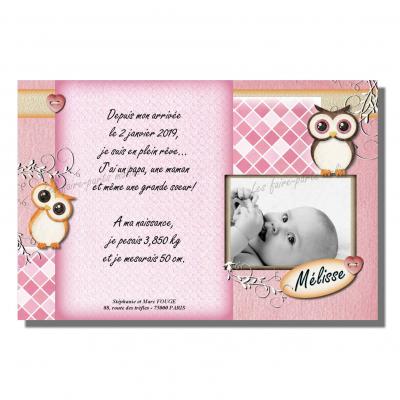 Faire part hibou rose et marron beige