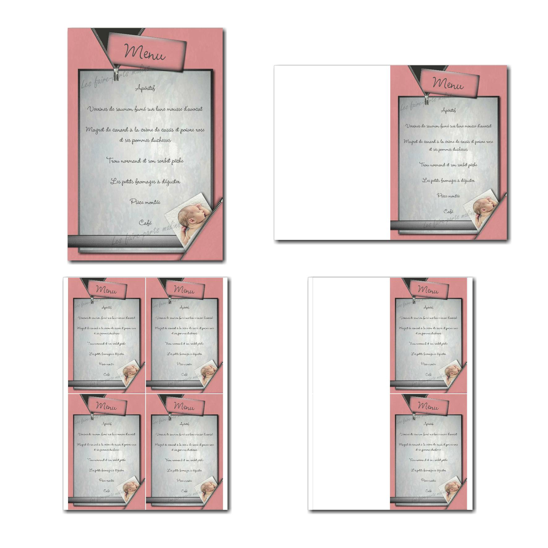 carte de menu prêt à imprimer fermeture eclair rose et gris