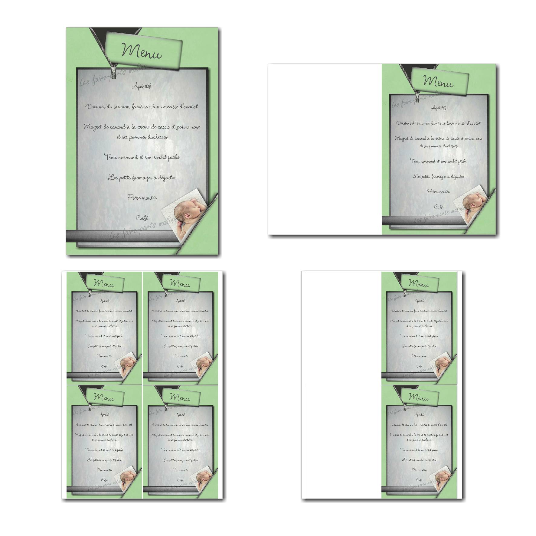 Carte de menu à imprimer avec photo qui sort d'une fermeture eclair sur fond vert