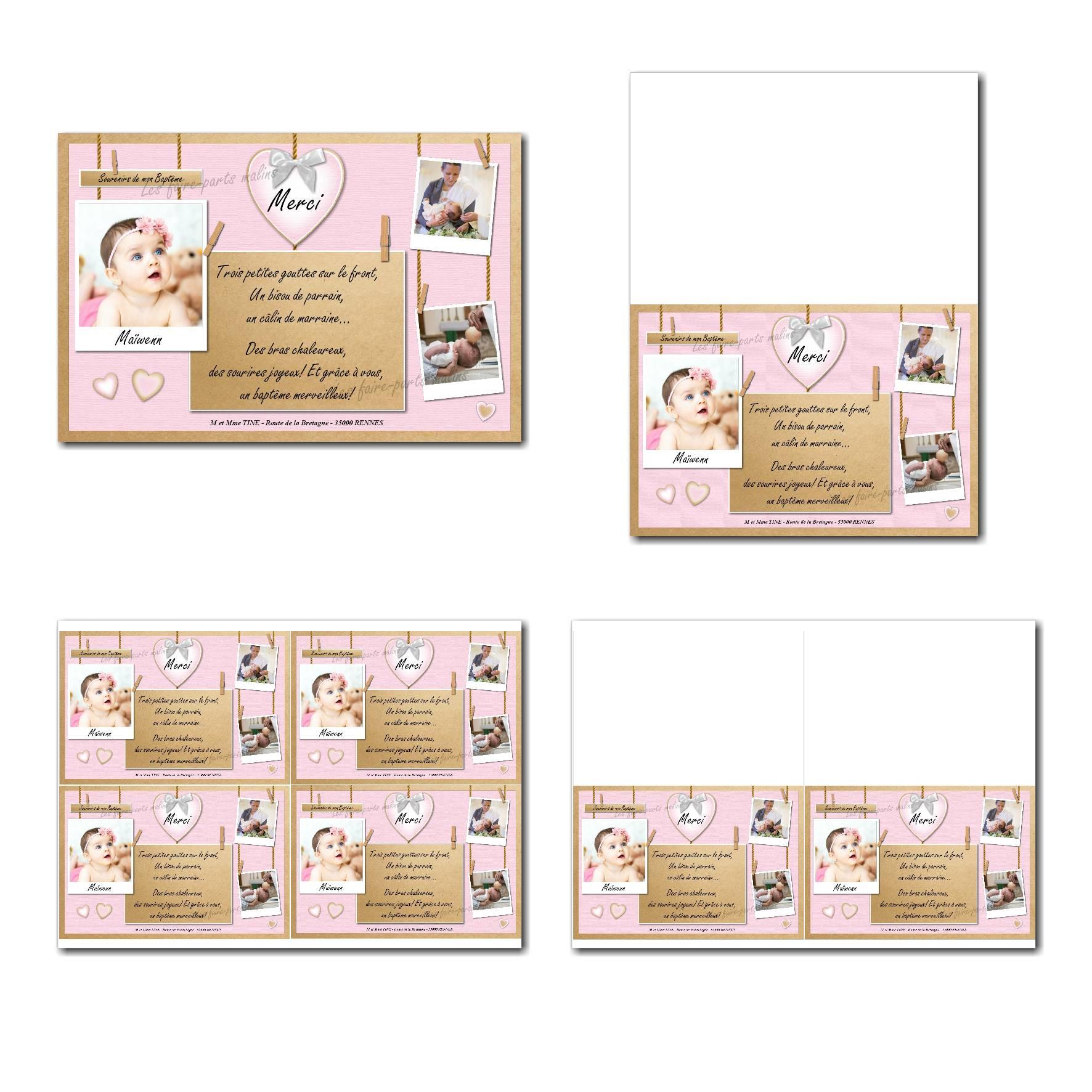 carte de remerciements prêt à imprimer rose et marron avec pinces à linge pour fille