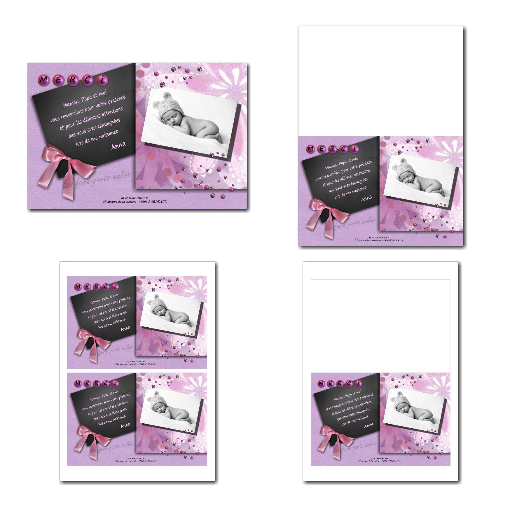 Carte de remerciements à imprimer gris foncé et violet avec des perles