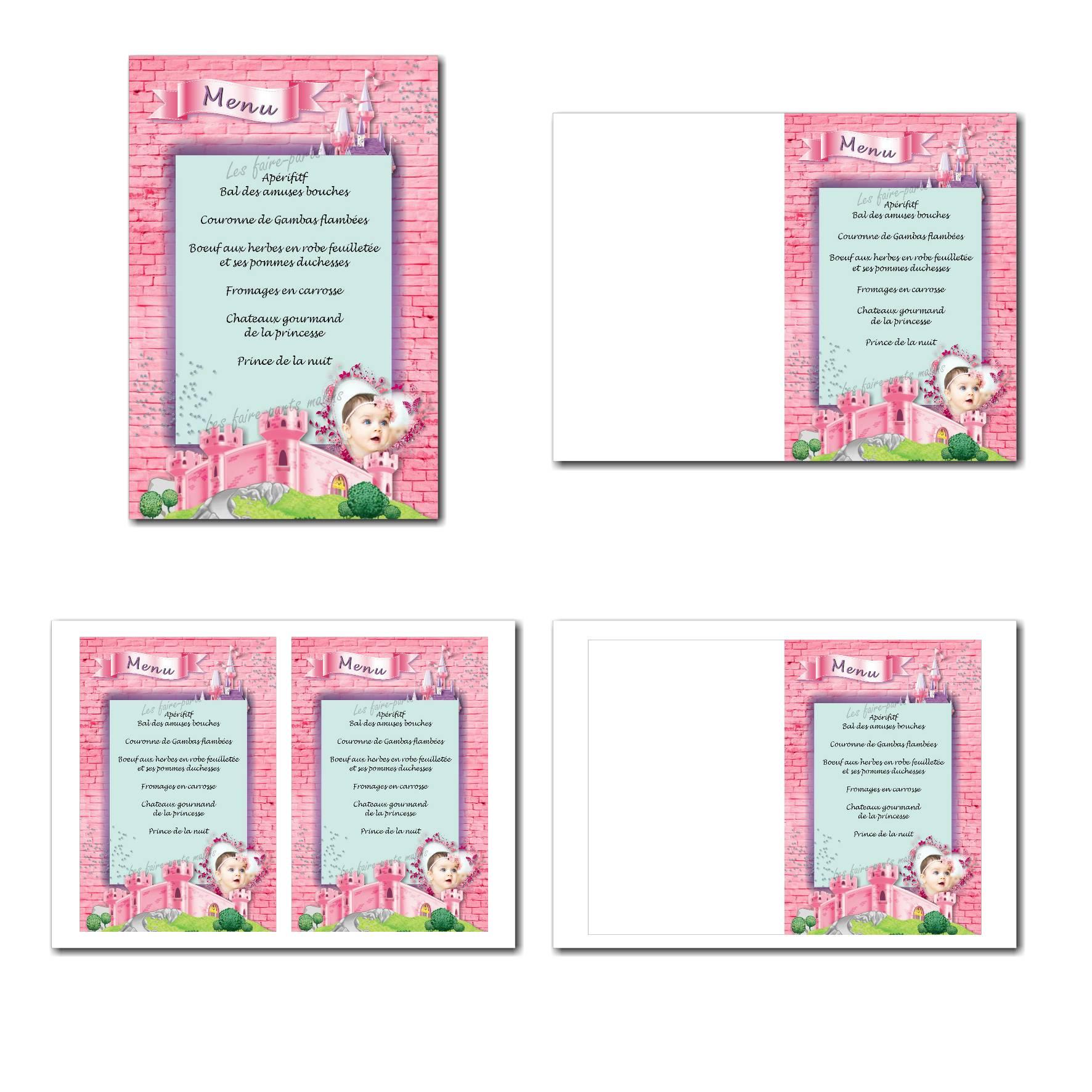 carte de menu illimité chateau de princesse rose