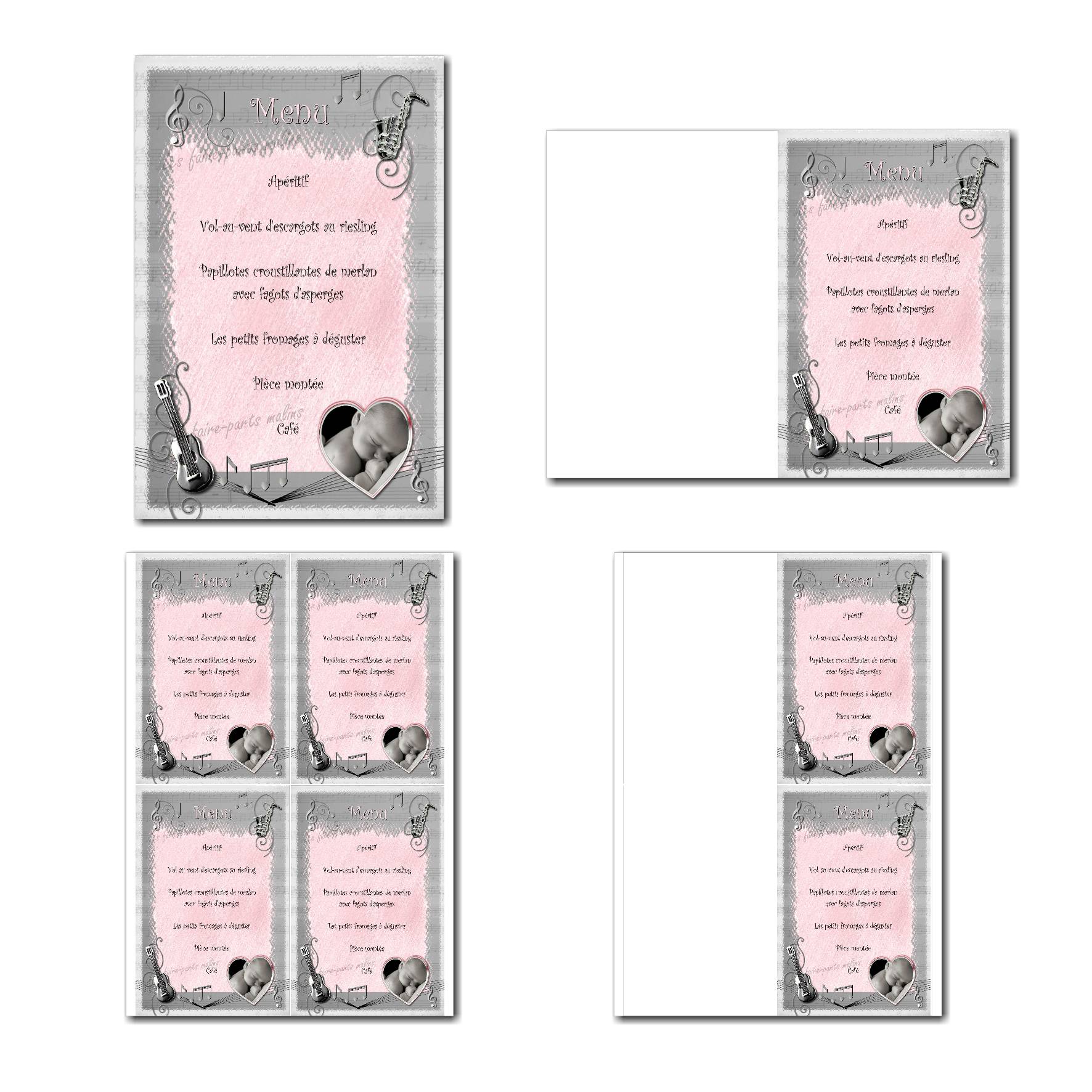 carte de menu prêt à imprimer en rose et gris avec notes de musique et clé de sol