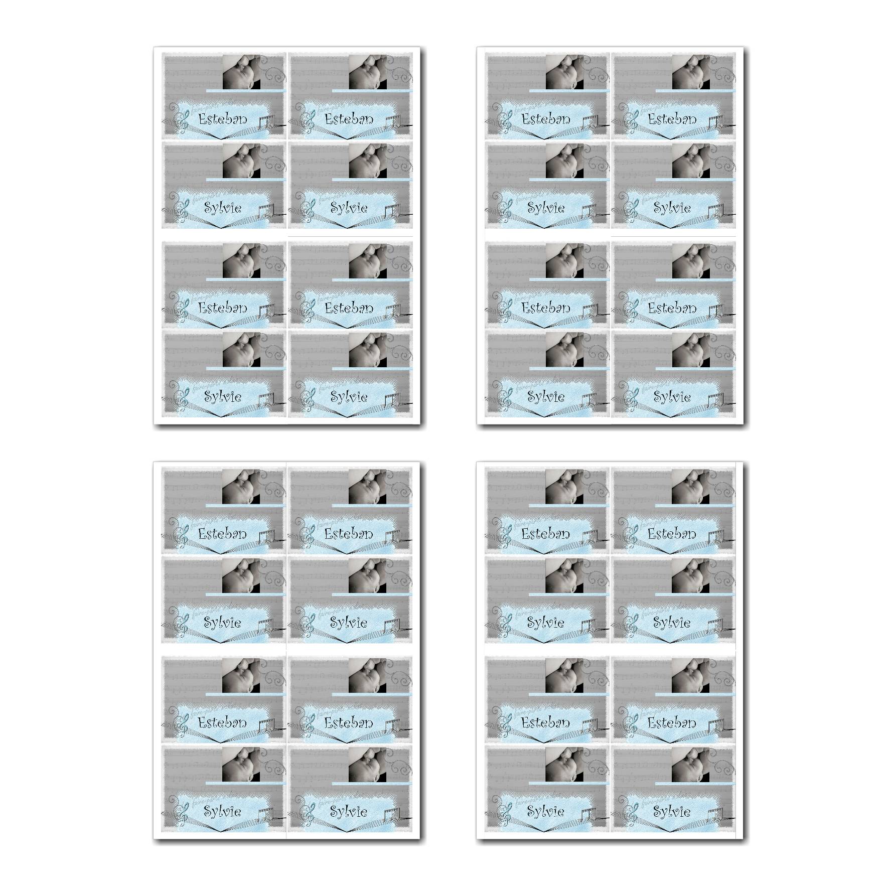 Marque-places prêt à imprimer bleu et gris avec partition de musique