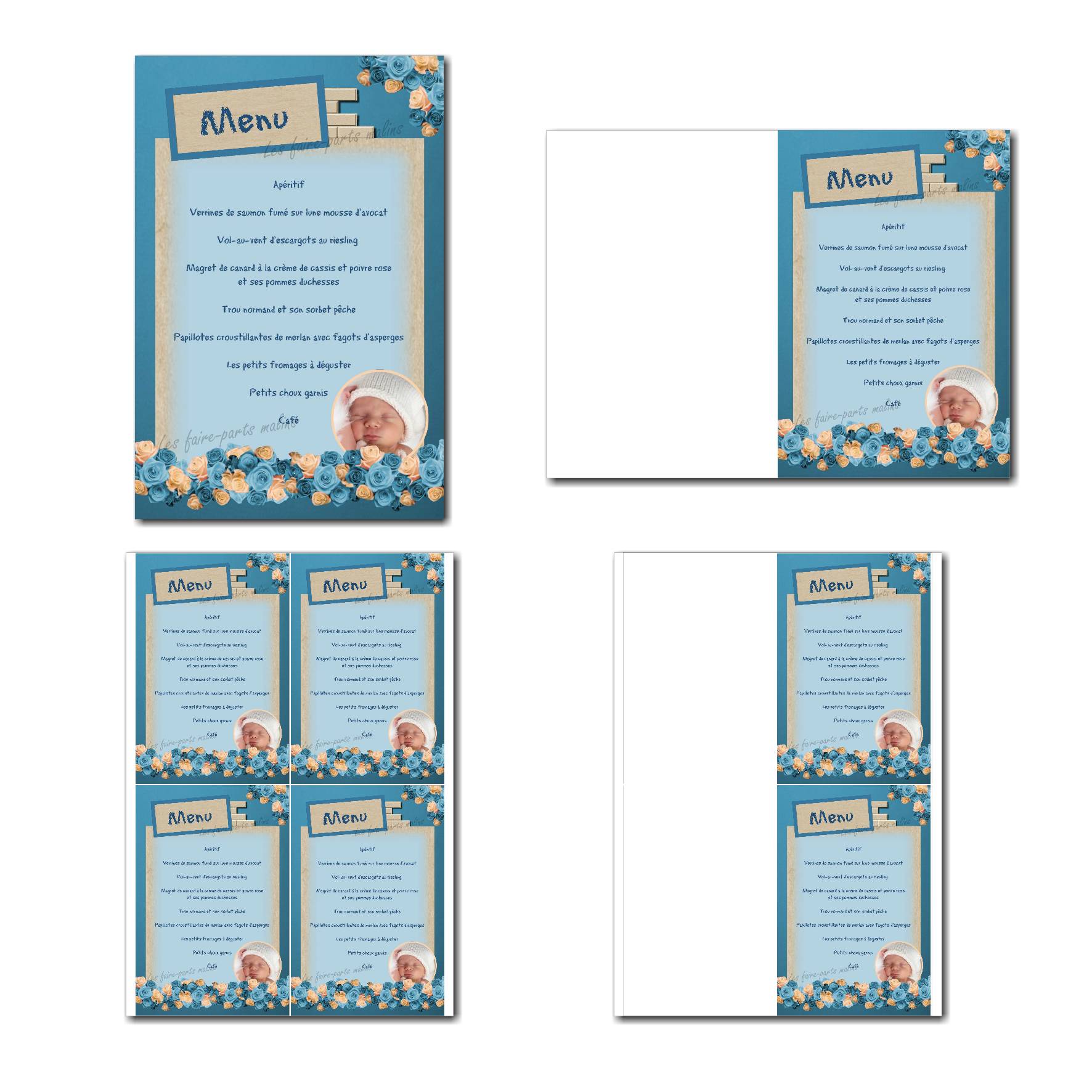 Carte de menu prêt à imprimer avec fleurs bleu