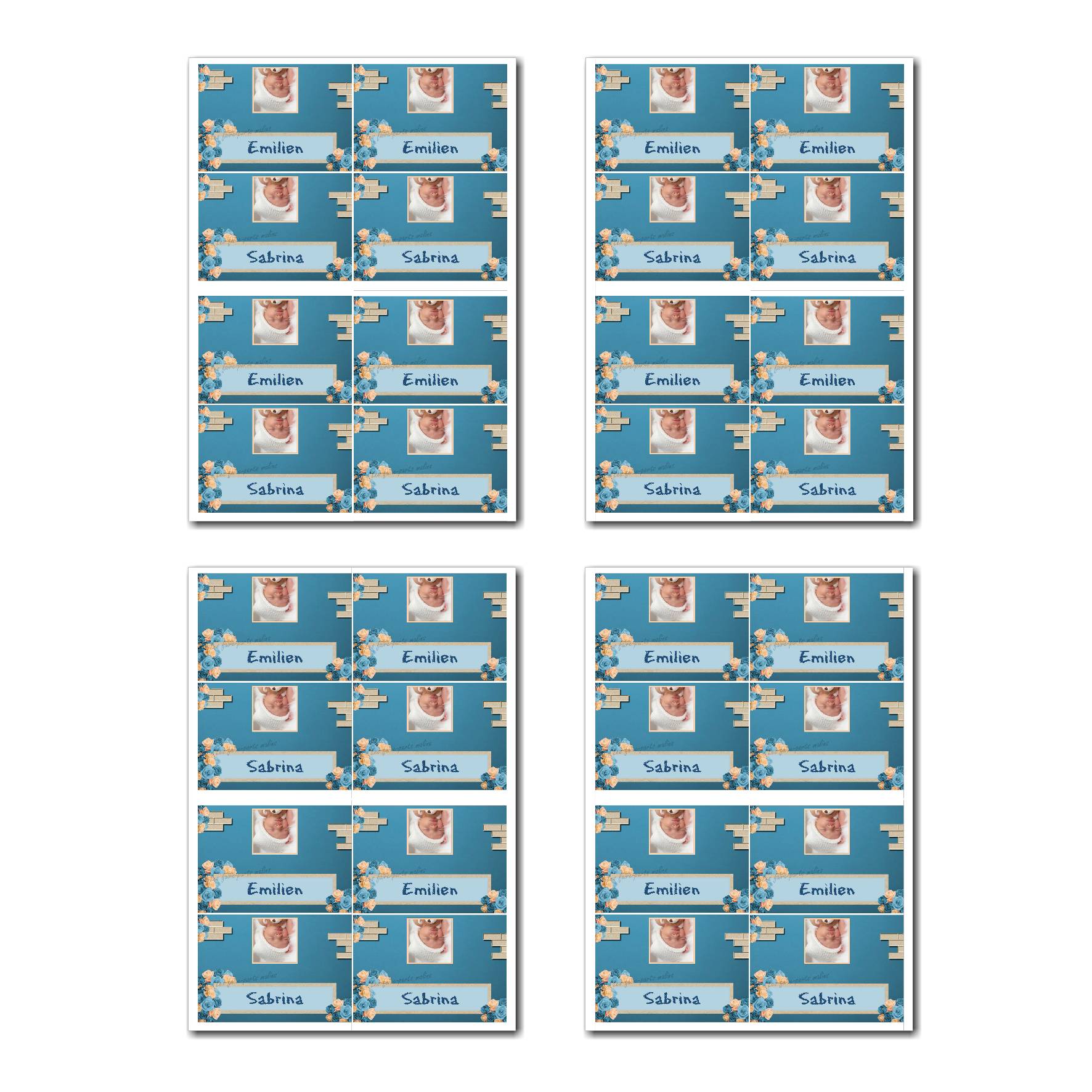 Marque-places prêt à imprimer bleu avec briques et fleur