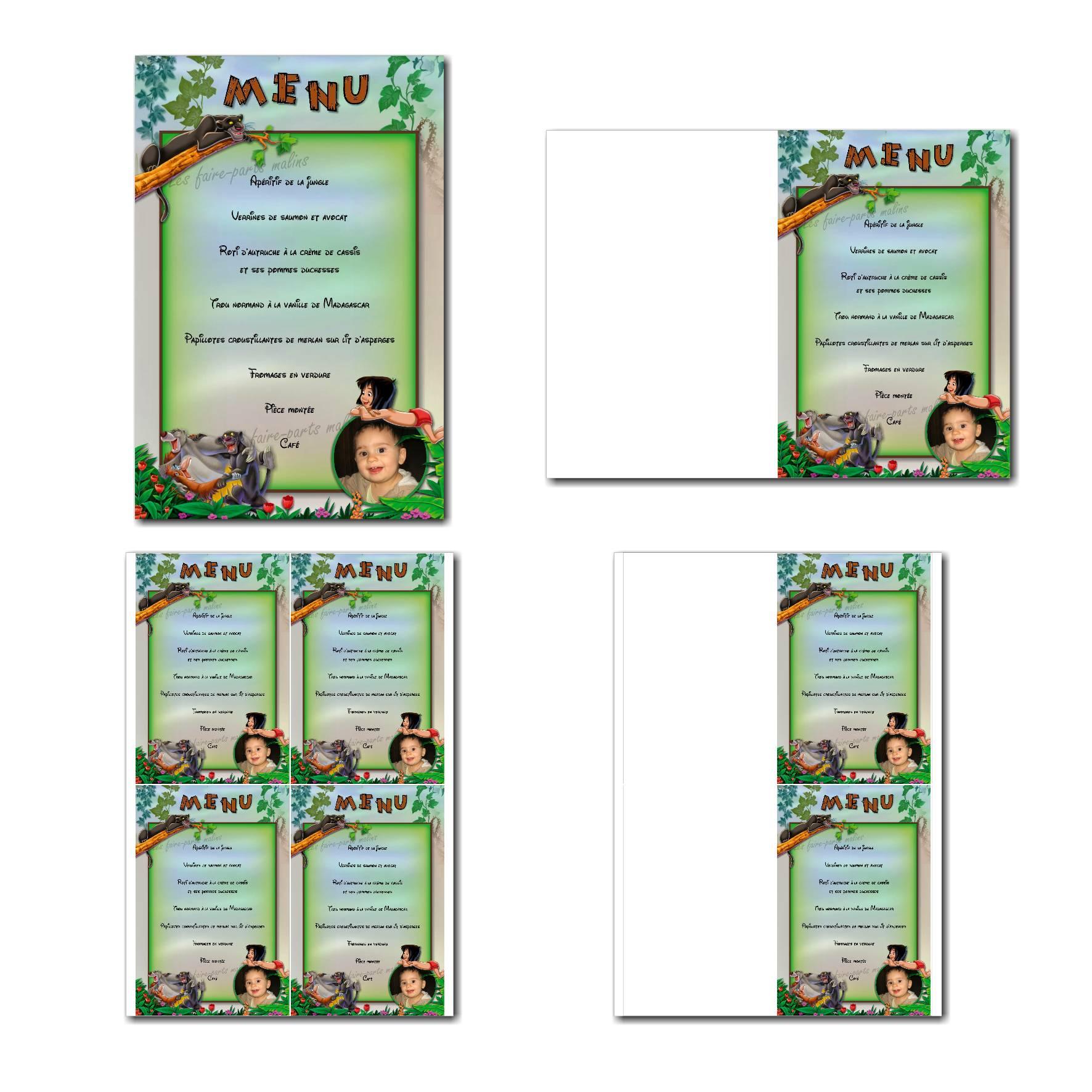 Carte de menu prêt à imprimer mowgli