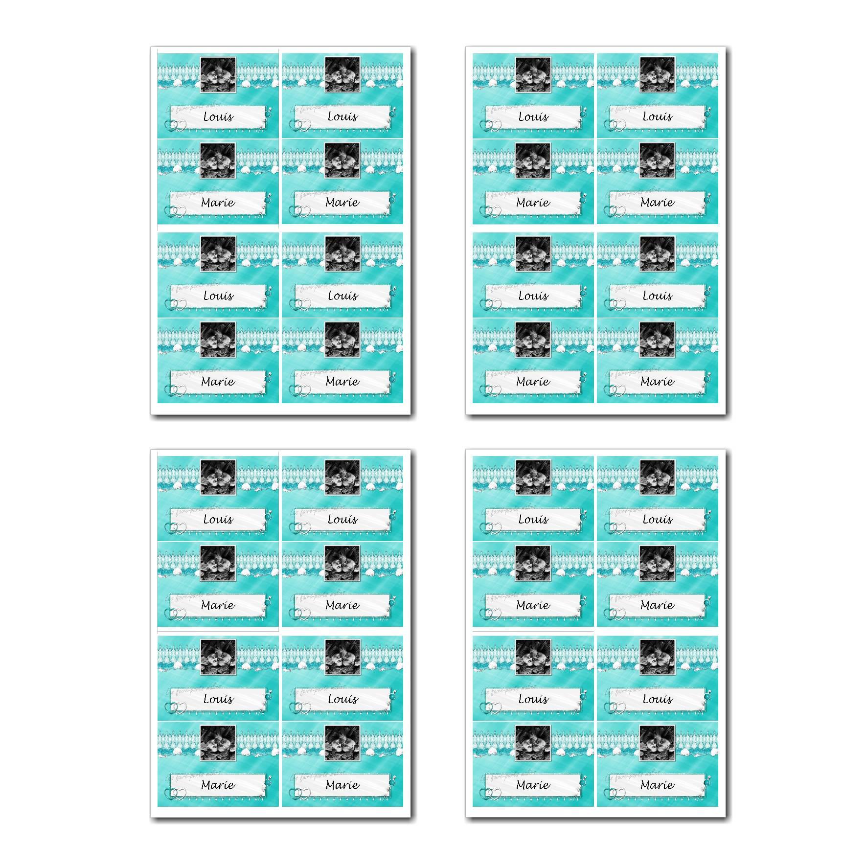 Marque-places prêt à imprimer coeurs en turquoise et blanc