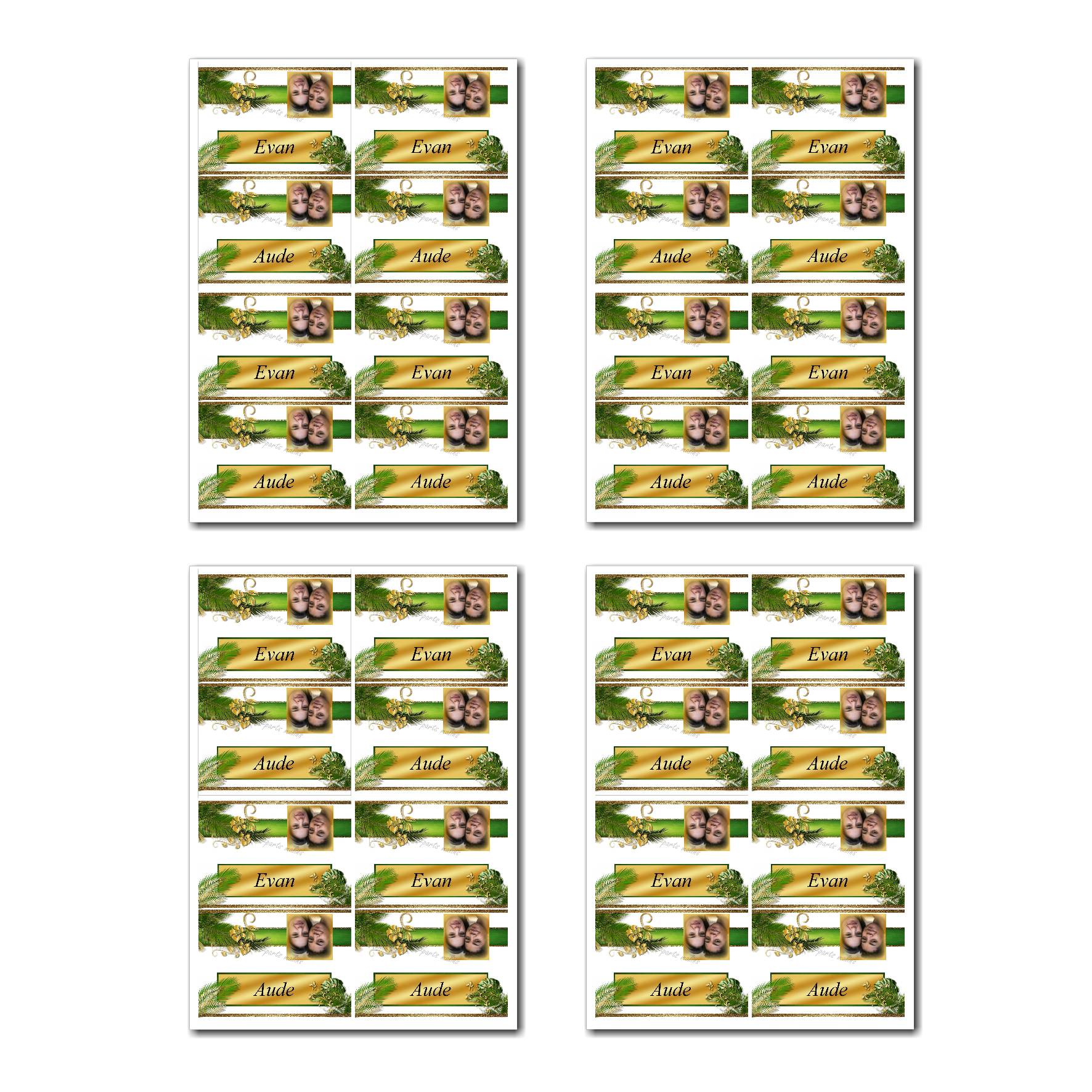 Marque-places prêt à imprimer tropical en vert et or